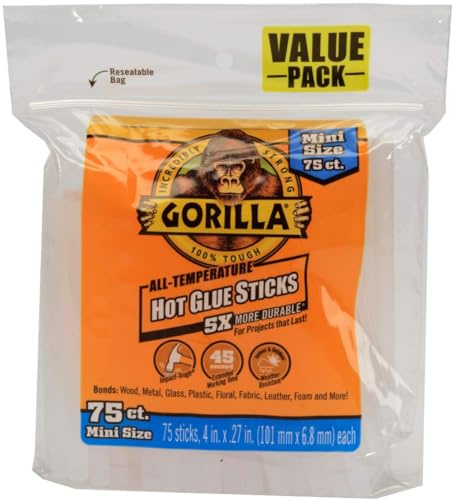Gorilla Hot Glue Sticks, Mini Size, 4 Long x .27 Diameter, 75 Count, Clear, (Pack of 1)