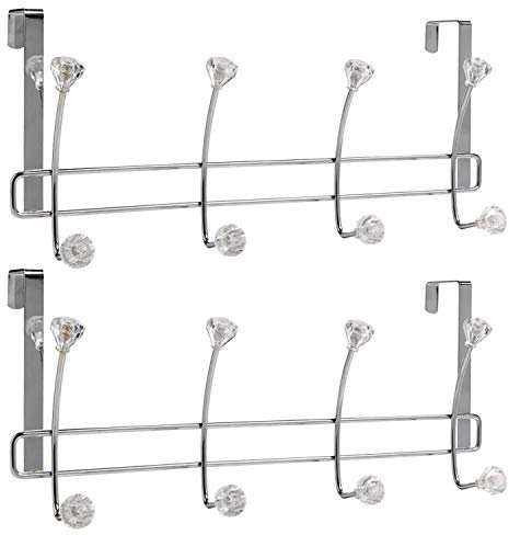 Chrome Plated Over Door Hook Hangers with Decorative Clear Crystal Effect Jewels - Set of 2 Hangers - No Assembly Required.