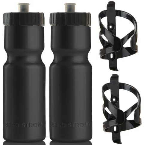 Bike Water Bottle Holder & Bottle Combo – 2-Pack 22 oz Sports Squeeze Bottles with Pull Top Cap & Easy-Install Bike Cage – Made in USA – 50 Strong Brand