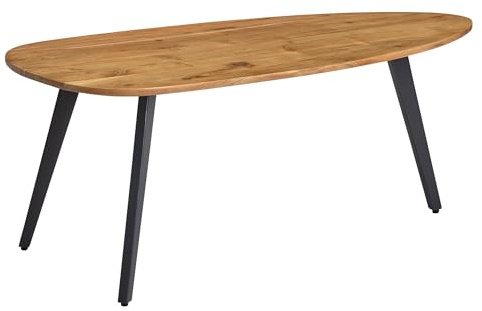 FineBuy Couchtisch Oval 110x60x45 cm Akazie Massivholz Natur | Wohnzimmertisch mit schwarzen Metallbeinen, Sofatisch aus Echtholz, handgefertigt, jedes Stück ein Unikat