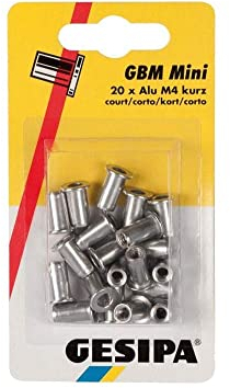 GESIPA | 20 dadi per rivetti M4 corti, in alluminio | Ampio campo di serraggio 0,25-3,0 mm | manicotti filettati rivetti ciechi di qualità professionale