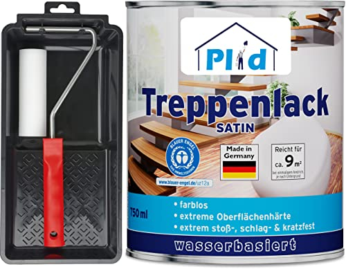 Plid® Treppen - Klarlack - satin - zum Versiegeln von Kork- Parkett & Holzfußböden, Holztreppen sowie Möbeln im Innenbereich stoß - schlagfest strapazierfähig - Made in Germany 0,75l Set