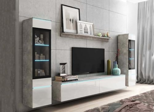 DecoInParis Meuble TV Contemporain Gris béton et Blanc laqué avec LED - Veronica XL