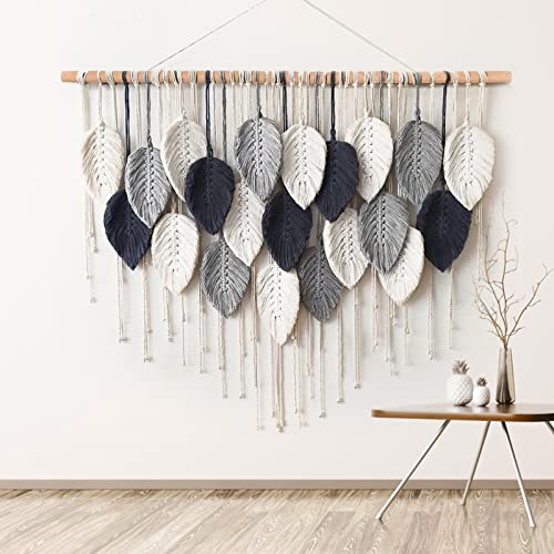 Weldomcor Macrame Wall Hanging Leaf Woven Tapestry Bohemian Chic Wall Hanging Feather Large Handmade Wall Art Decor for Bedroom Living Room Apartment Ornament