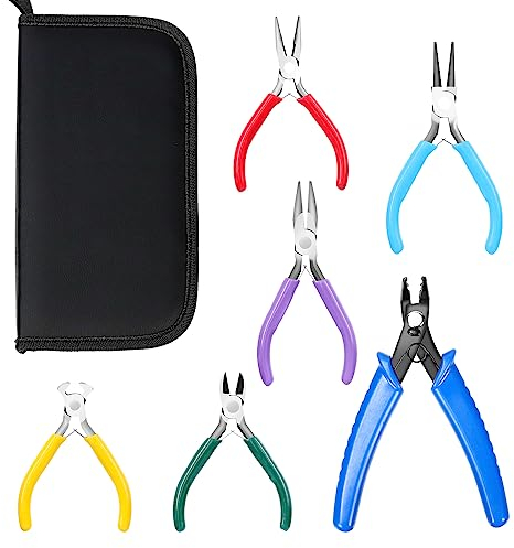 Swpeet 6Pcs Jewelry Pliers Set, 6 Types, 4.5 Inch, Colorful Jewelry Making Tools - Needle Nose, Round Nose, Wire Cutters, Crimping Pliers, Bent Nippers, End Nippers