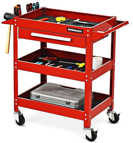 IRONMAX 3 Tier Tool Chest, Heavy Duty Industrial Utility Service Cart with Drawer & Universal Wheels, Rolling Mechanic Tool Box Organizer for Garage Warehouse Workshop Shop Office (Red)
