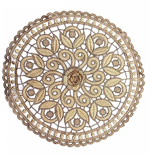4 Stück Runde Bestickte Tischmatte,26-28cm Gold Spitze Runde Tischmatte Spitzendeckchen Häkeldeckchen Blume bestickte Tischmatte,Vintage-Tassenmatte, Vasenmatte für Heimdekoration Küche,Party,Hochzeit