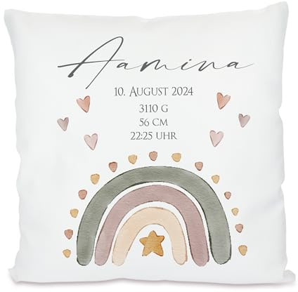 Manufaktur Liebevoll personalisiertes Kissen zur Geburt | Geschenk mit Namen für Mädchen und Jungen | Kissen mit Geburtsdaten für Neugeborene | Personalisiertes Geschenk zur Geburt (Motiv Regenbogen)