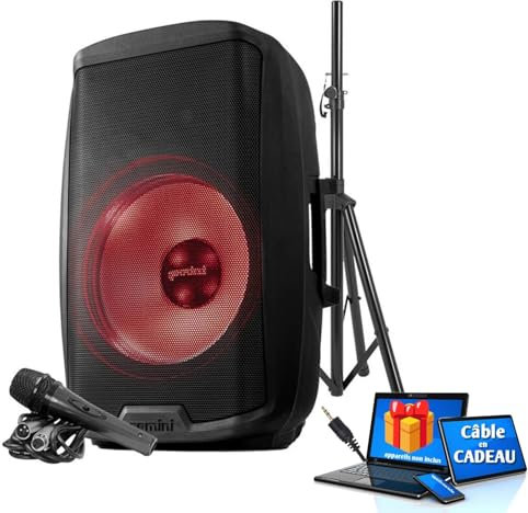Gemini AS-2115BT-LT-PK, Enceinte sono Boomer 15, à LED - 2000W, USB SD Bluetooth TWS FM, pied, Câble PC ORDI Smartphone cadeau