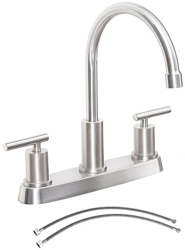 3 Hole Kitchen Faucet, Brushed Nickel Two Handles Kitchen Faucet, RV Kitchen Sink Faucet, 3 Hole or 4 Holel Faucet for Kitchen Sink TDLKF024W-L