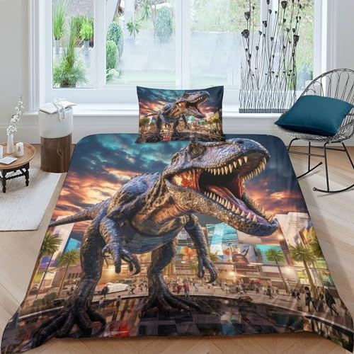 Dinosaurio 3 Piezas Juego De Sábanas De Edredón De Ropa De Cama Digital 3D Juego De Tiranosaurio Rex De Almohada Juvenil/niña Juego De Sábanas De Edredón Single（135x200cm）