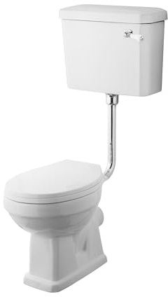Balterley Close Coupled Toilet with Cistern, Low Level Bathroom Toilet Cistern with Round Pan & Chrome Lever Handle, WC Toilets for Bathrooms & Cloakroom - 472mm x 660mm x 985mm (White)