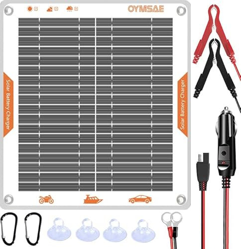 OYMSAE White 5W 12V Solar Car Battery Charger Portable Waterproof Solar Power Battery Charger & maintainer with Trickle Cigarette Lighter Plug & Alligator Clip