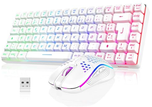 RedThunder 75% Teclado Inalámbrico Gaming,Retroiluminación RGB,Ratón Celular Ligero de 3200 dpi,Teclado Ultra-Compacto 85 Teclas Anti-ghosting,Disposición DE,para PC/PS5/Xbox(Blanco)