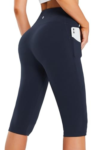 baleaf Knälängd, korta leggings, dam, yogabyxor, korta, hög midja, yoga, cykelleggings, sport, sommar, med fickor, A- Blå, 3XL