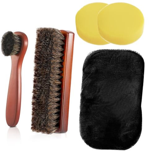 Belegao 4pcs Shoe Brush Set - 2pcs Horsehair Shoes Cleaning Brushes with Shoe Shine Sponge and Shoe Polish Cloth Glove for Buffing Polishing Leather Shoes, Boots, Sneakers, Car Seats, Sofas