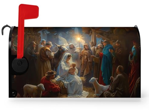 Dacawin Christmas Nativity Mailbox Covers Magnetic Outdoor Decorations 25.5 X 21 Inch Large Size Vintage Winter Xmas Nativity Mailbox Wraps Post Letter Box Cover Oversized for Outside Garden Yard