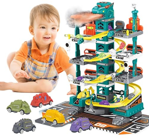 Sternstunde Garage Voiture Enfants Dinosaure Spatial – Garage de Parking Multiniveaux avec Pistes, Ascenseur, 5 Voitures Dinosaure, Idéal pour Enfants 3-10 Ans