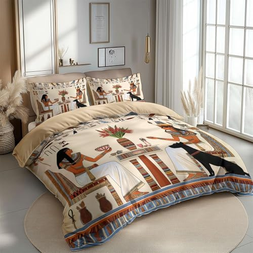 Wendbare Bettbezug 200 x 200 cm, 4 Jahreszeiten Bettwäsche Set Bedruckt mit 2 Kissenbezügen 80x80cm Retro Ägypten Muster Waschbar Mikrofaser Bettwäsche Mit Reißverschluss, Beige