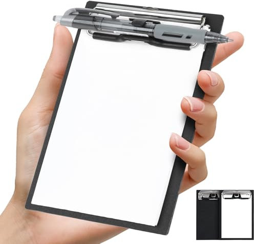 FRETONBA Porte Document A6 Mini, 2 Pièces Porte Bloc avec Pince et œillet de Suspension Rétractable, Clipboard Planchettes avec Porte Stylo, Clip Planches pour Bureau, Restaurant, Écoles, Noir