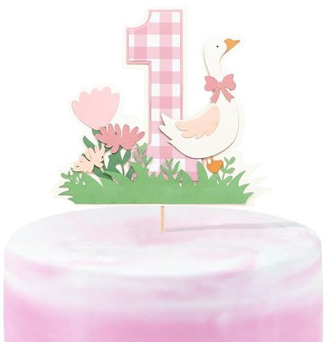 Pink Goose Cake Topper - Girls Goose 1st Birthday Decorations,Flower Goose Birthday Cupcake Topper,Floral Blossom Smash Cake Photo Props,Vintage goose Anomal First Year Cake Topper