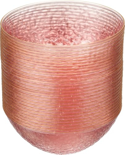 PLASTICPRO 30 Pack 12 Ounce Hammered Plastic Bowls Translucent Rose with Gold Rim Heavyweight Disposable Plastic Soup Bowls Elegant Translucent Hammered Gold Rim Platsic Party Dishes