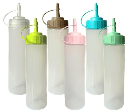 HR Hogar - Botella de Salsas Exprimibles - 6 Piezas de 250 mL - Dispensadores Reutilizables y Reciclables | Fabricado en España | Biberón Cocina Sin BPA con Tapón Antifugas Sin Goteo (Surtido Colores)