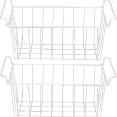 AQCQDQ 2 Stück Gefrierschrank Korb Organizer, Gefrierschrank Draht Aufbewahrungskorb, Kühlschrank Trennbehälter mit Griffen für die Speisekammer (weiß,48×22×20cm)
