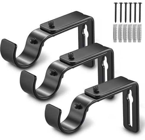 LLPJS Curtain Rod Bracket Adjustable, Drapery Rod Holder Hooks Support Hangers for 1 inch Diameter Window Curtain Rods (Black, 3-Pack)