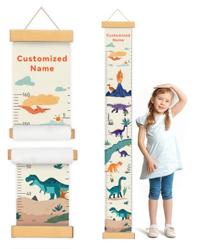CHARMIBLE Personalisiert Messlatte Kinder für Baby- & Kleinkinderzimmer mit Namen, Abnehmbares Canvas-Messlineal für Baby-Messlatte für Schlafzimmer, Wanddekoration (Dinosaurier A)