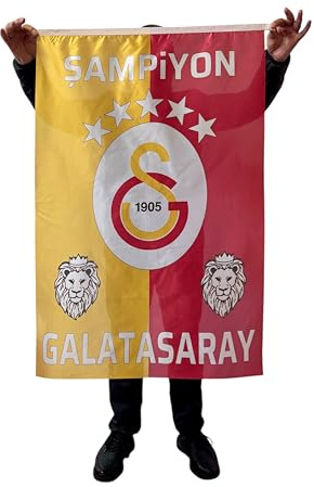Galatasaray Sampiyon GS Flagge mit 5 STERNE 70 x 105 cm Löwen Aslan - für Fahnenmast, Türkeifahne aus reißfestem Fahnen-Polyester-Stoff, Hissfahne Quer wetterfest und UV-beständig Türkei
