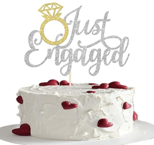 Xsstarmi 1 Pack Just Engaged Cake Topper Gold Ring Glitter Silver Bridal Shower Cake Pick for We're Engaged Theme Wedding Engagement Party Cake Decorations
