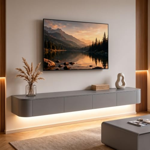 Ribanedy Modern Floating TV Unit with LED Lighting | Wall-Mounted Entertainment Media Console | Large Storage TV Bench for Living Room & Office (Gray, 140 cm)