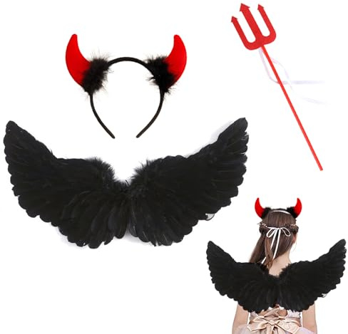 JurciCat Ali Angelo Signore (Ferrous) 3 Pezzi Ali da Angelo Halloween Costume Signore Diavolo Costume Adatto per Bambini Adulti Halloween Carnevale Cosplay Party