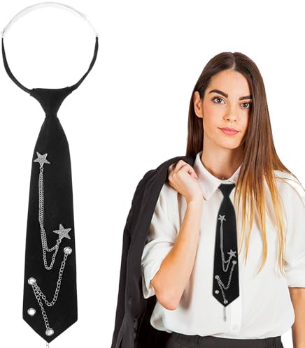 FdcLixuvol Womens Tie with Punk Chain, Black Womens Tie with Metal Chain Adjustable Pre-Tied Necktie Punk Goth Ties for Girls School Uniform Cosplay Halloween Accessories