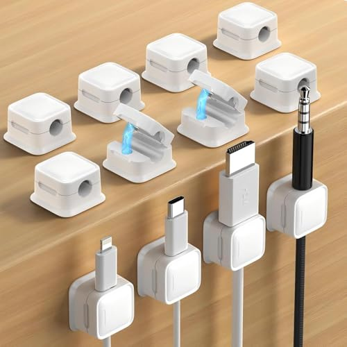 8 stycken kabelhållare, självhäftande kabelklämmor, magnetisk kabelhållare för skrivbord, nätkabel, USB-laddade kablar, laddare, ljudkablar (vit)