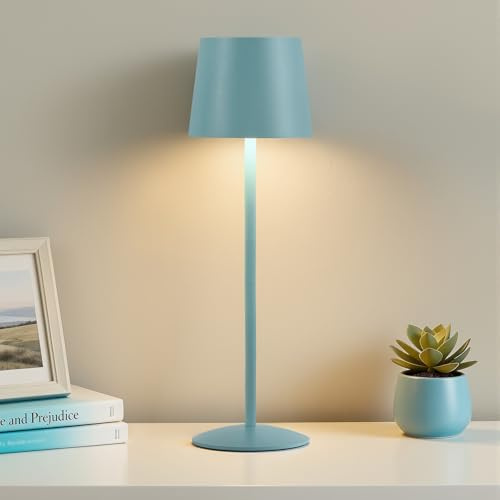 GyroVu Kabellose LED Tischlampe Blau, Höhenverstellbar Touch Lampe Dimmbar Stufenlos, Wiederaufladbar Akku Tischleuchte mit USB-C, IP44 Wasserdicht, Für Camping Esstisch Wohnzimmer Nachttisch