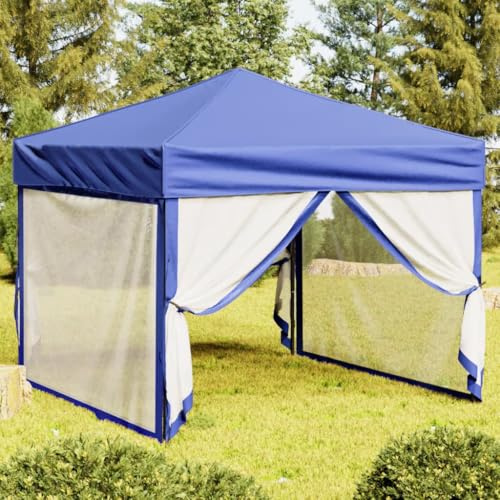 Tonnelle pliable avec parois latérales - Bleu - 3 x 3 m - Pour cour, terrasse, barbecue