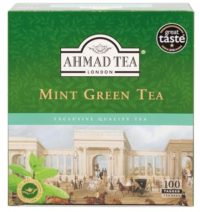 Ahmad Tea - Té verde con menta - Paquete grande - Bolsa de té de doble cámara con cinta de 2 g por porción - 100 bolsitas de té, 200g