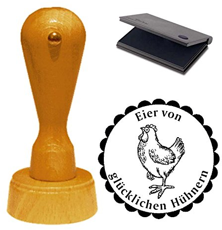 Stempel Eier von glücklichen Hühnern - mit Motiv stolzes Huhn und schwarzem Kissen