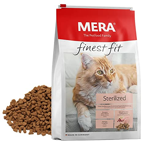 MERA Finest fit Sterilized (1,5kg), Katzenfutter trocken für sterilisierte oder kastrierte Katzen, fettarmes Trockenfutter mit frischem Geflügel & Lachsöl, ohne Zucker