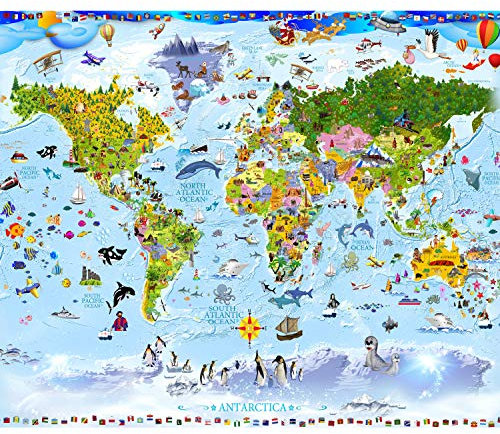 decomonkey - Papier Peint Panoramique Enfants Carte du Monde 350x256 cm - Décoration murale - Pour les enfants drapeaux colorés continents cartes plantes monde animaux enfant d'âge préscolaire