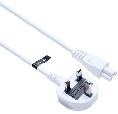 UK Mains Lead AC 3 Pin Wall Power Cord C5 Cloverleaf Compatible with Toshiba Sony Lenovo Dell Acer, Spectre x360 Elitebook Pavilion, Acer Aspire Chromebook, LG TV 47LN5710 47LB5800 47LA6200UA 2m White