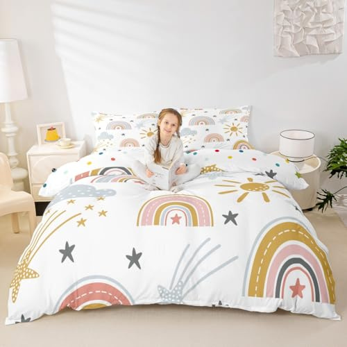 Erosebridal Girls Rainbow Duvet Cover Sun and Stars Comforter Cover Twin Size for Kids Boys Children Cartoon Style Cloud Bedding Set Girly Soft Microfiber Quilt Cover with Corner Ties Decor