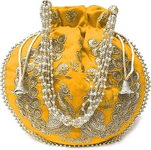 Ekavya Eyesart Fashion Peacock Embroidered Potli Bag for Women Yellow