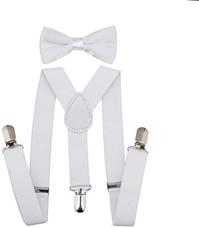 SUNTRADE Kinder-Hosenträger mit elastischer Y-Form, verstellbar mit Clips und Fliege für Jungen und Mädchen (Weiß)