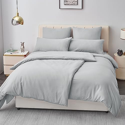Aisbo Bettwäsche 135x200 4teilig Grau - Mikrofaser Bettwäsche-Sets Hellgrau mit Reißverschluss, ÖKO-TEX Bettbezug 135 x 200 cm 4tlg mit Kissenbezug 80x80 cm, Weich und Bügelfrei