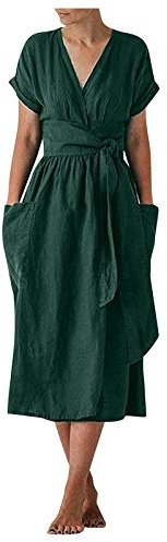Masrin Damen Baumwoll Leinen Langes Kleid Lässig Einfarbig Kreuz V-Ausschnitt Kurzarm Kleid mit Taschen und Gürtel(L,Grün)