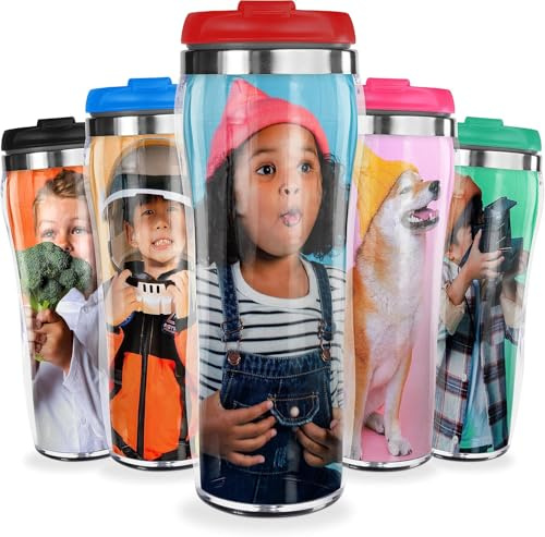 Pixly® Personalised Custom Photo Thermal Travel Mug - 400ml/14oz Capacity - Stainless Steel Coffee Tea Flask with Picture - Black, Red, Blue, Pink (Red)