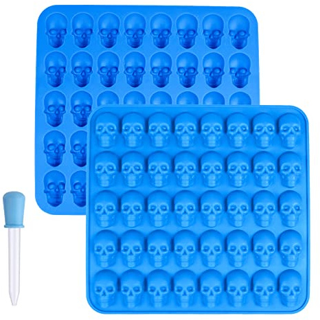 2PCS Halloween Themed Moulds Food Grade Skull Silicone Candy Machine Homemade Chocolate Jelly Cookie Reusable Baking 40 Small Skulls DIY Non-Stick Kitchen Kids Candy Melts Wax Melt Mould